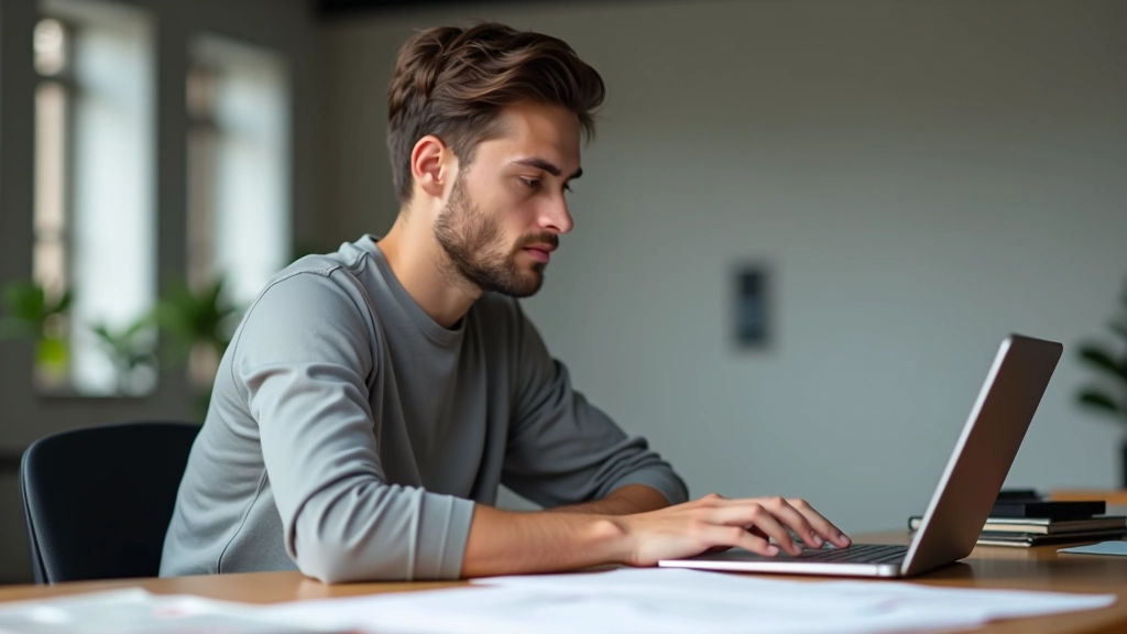 Designer mit Notizen arbeitet an Button-Platzierungen auf einem Laptop mit mehreren Wireframe-Layouts auf dem Schreibtisch