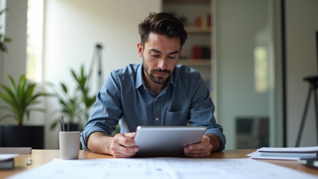 Designer arbeitet an Wireframe mit Stift und Tablet auf weißem Schreibtisch