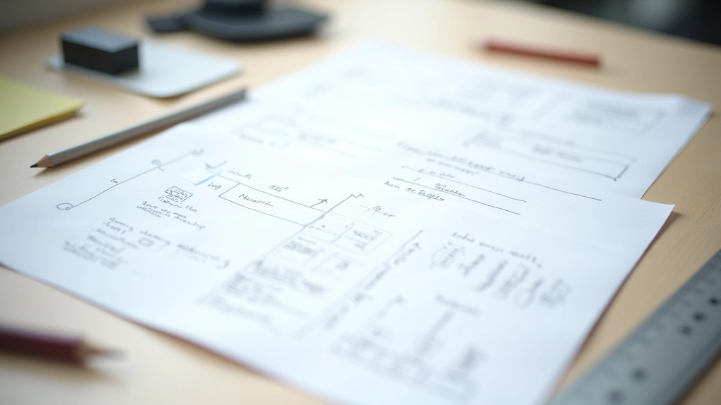 Design-Wireframes und Hierarchie-Skizzen mit Anmerkungen