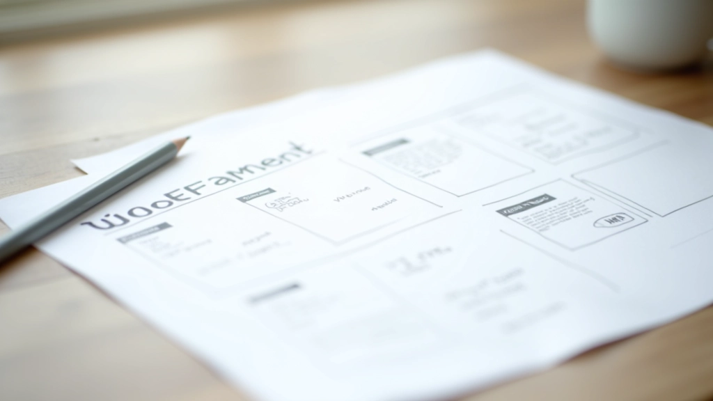 Skizze einer Webseite mit annotierten Bereichen für Headlines, Text und Bilder