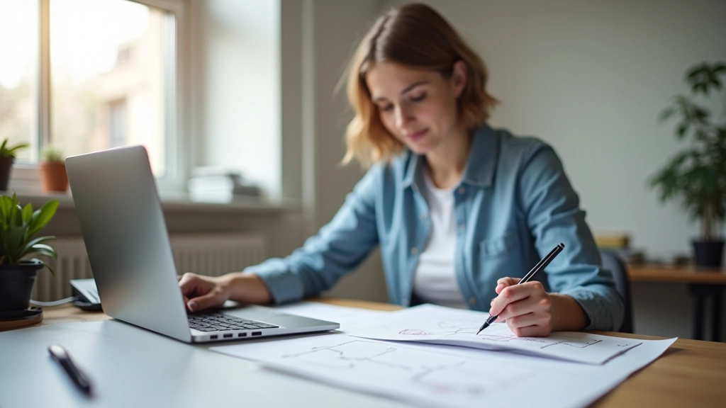 Designer arbeitet an Webseiten-Layout mit Fokus auf visuelle Hierarchie und Weißraum